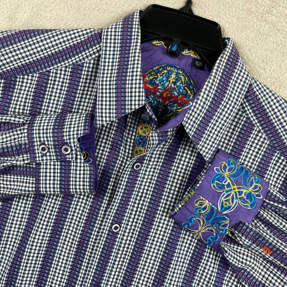 Robert Graham Shirt Men Medium Purple Geometric Stripe Embroidered Flip Cuff